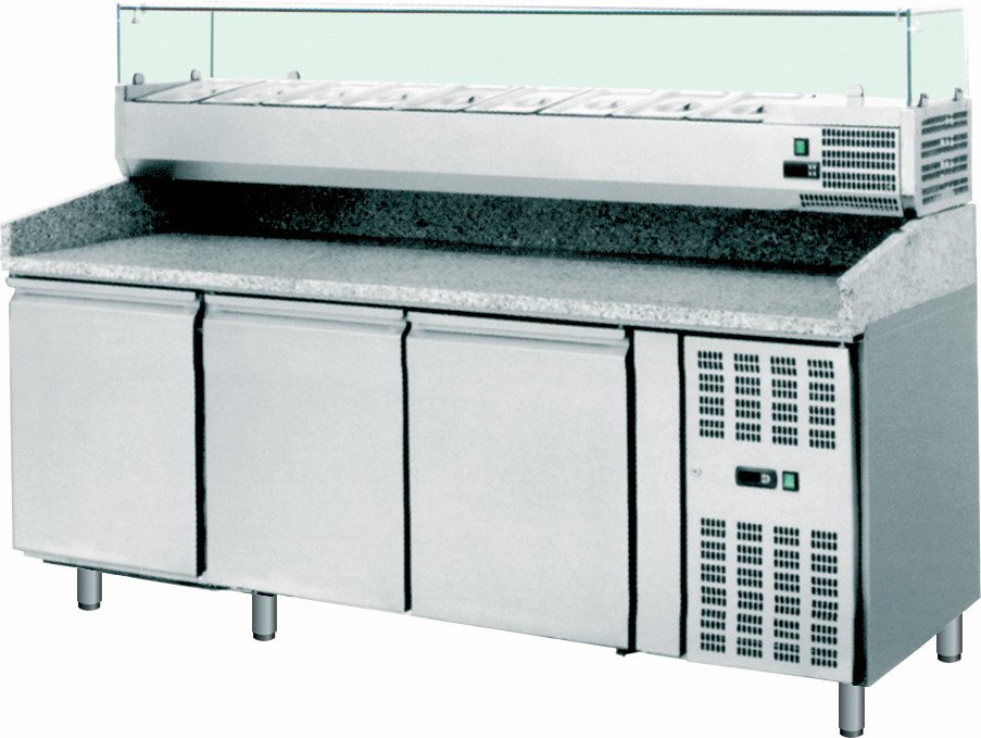 Pizzatisch mit Kühlaufsatzvitrine 9 x GN 1/3 3 Türen 2025 x 800 x 1435 mm