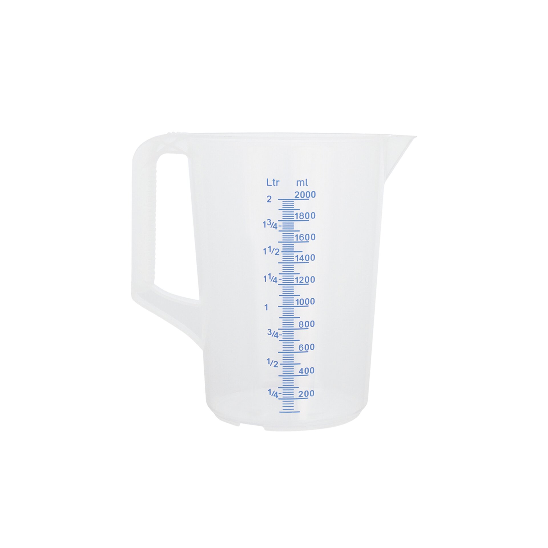 Messbecher 2,00 l geprägte Skala, blaue Schrift, geschlossener Griff